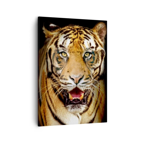 Impression sur toile - Image sur toile - Un tigre avec la gueule ouverte sur un fond noir - 50x70cm - Le coeur sauvageon - Décoration murale moderne pour le salon et la chambre ARTTOR