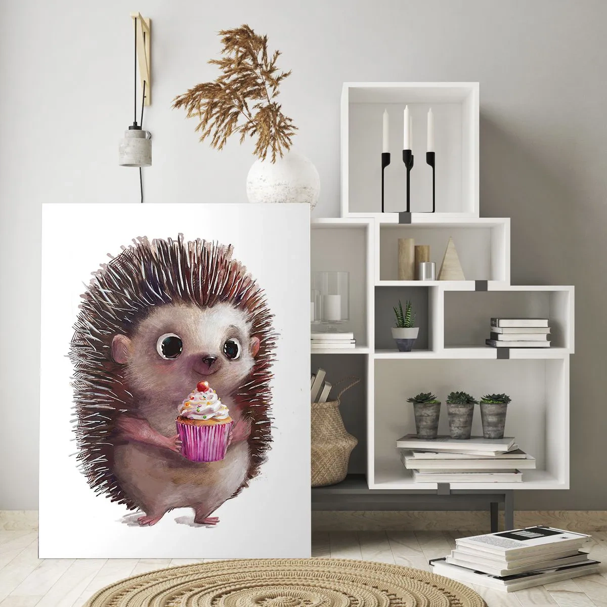 Impression sur verre - Image sur verre - Un hérisson mignon avec un cupcake - 80x120cm - La fête c'est tous les jours - Décoration murale moderne pour le salon et la chambre ARTTOR