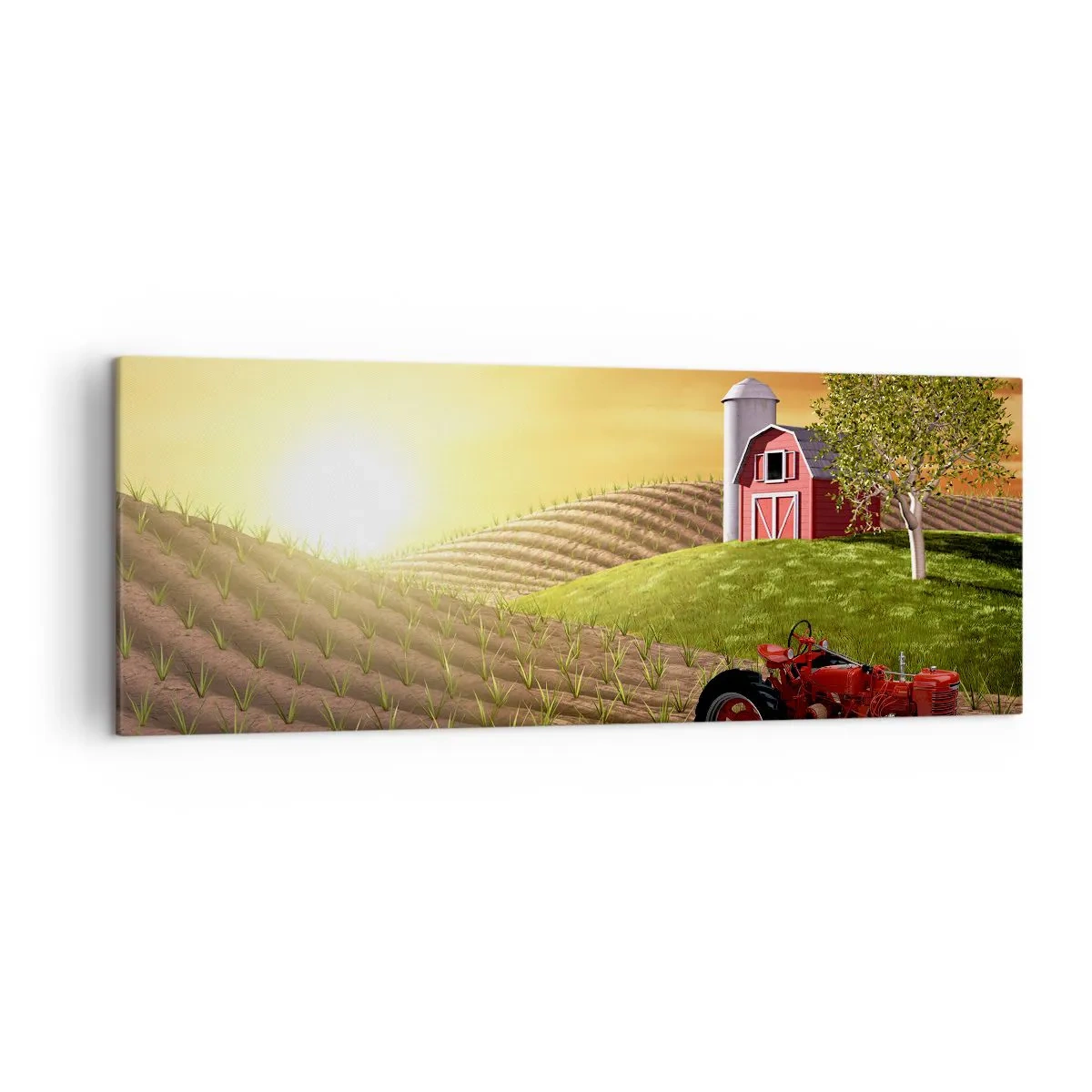 Impression sur toile - Image sur toile - Paysage rural avec une grange rouge, un tracteur et un lever de soleil - 140x50cm - Une ferme comme dans un conte de fées - Décoration murale moderne pour le salon et la chambre ARTTOR