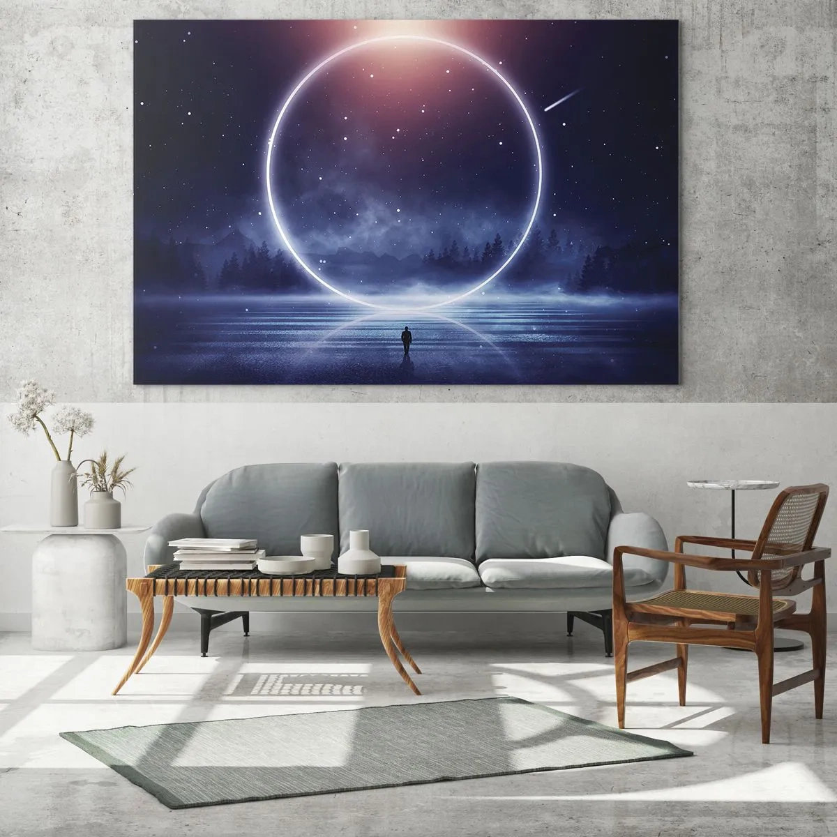 Impression sur verre - Image sur verre - Un cercle de lumière au-dessus du lac parmi le ciel nocturne et la forêt - 70x50cm - Ils sont déjà là... - Décoration murale moderne pour le salon et la chambre ARTTOR
