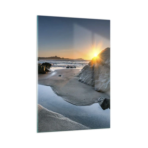 Impression sur verre - Image sur verre - Plage au lever du soleil avec des rochers et de l'eau pittoresques - 50x70cm - Intouché par la main de l'homme - Décoration murale moderne pour le salon et la chambre ARTTOR