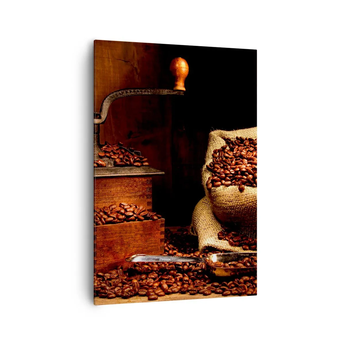 Impression sur toile - Image sur toile - Un vieux moulin à café avec des grains et un sac dans un style rustique. - 70x100cm - Nature morte avec grains de café et moulin - Décoration murale moderne pour le salon et la chambre ARTTOR
