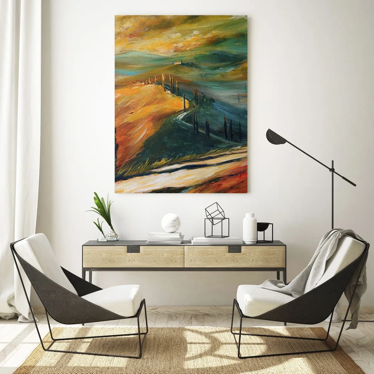 Impression sur verre - Image sur verre - Coucher de soleil sur une colline toscane - 50x70cm - paysage toscan - Décoration murale moderne pour le salon et la chambre ARTTOR