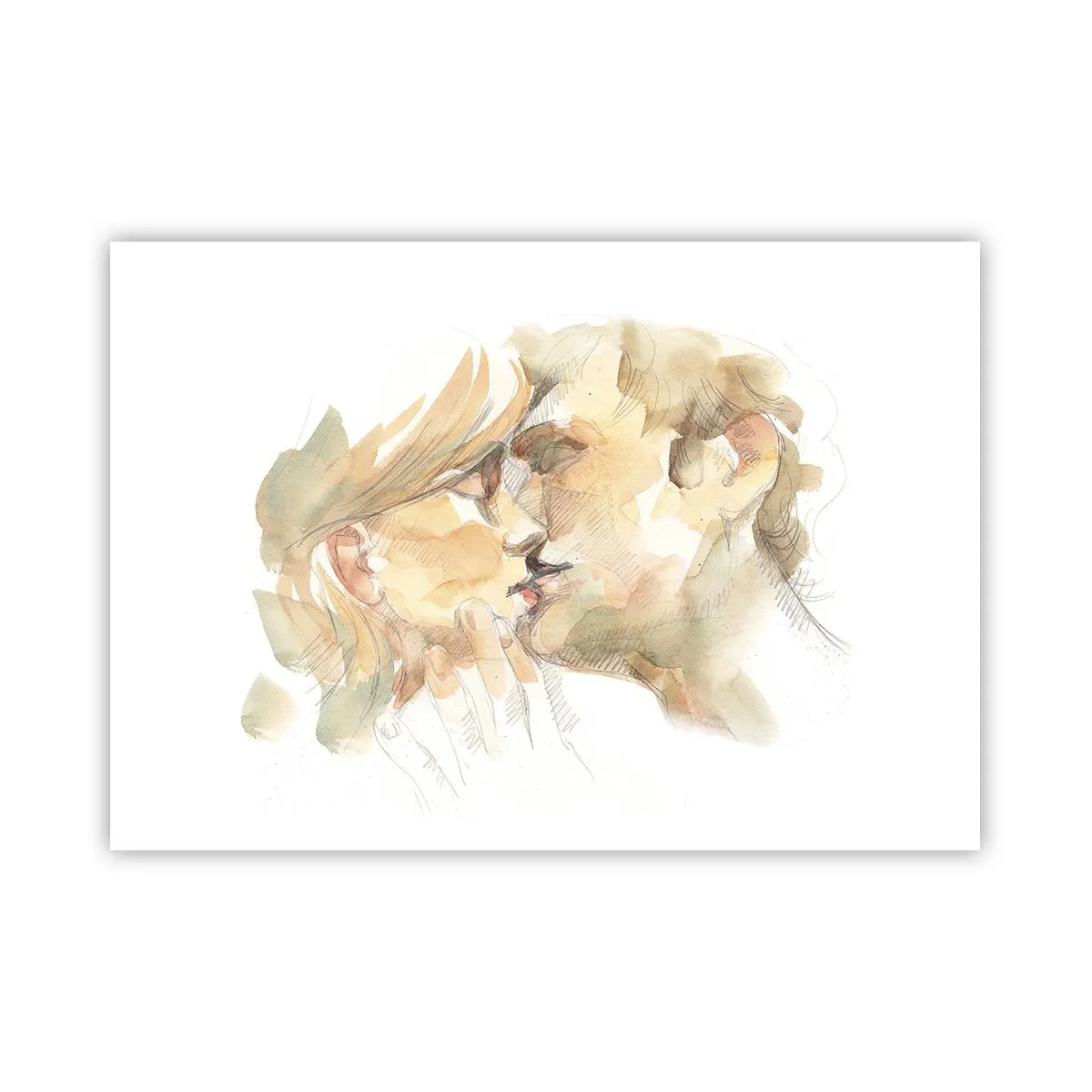 Affiche - Poster - Portrait romantique à l'aquarelle d'un couple s'embrassant - 100x70cm - A moitié trouvé ? - Décoration murale moderne pour le salon et la chambre ARTTOR