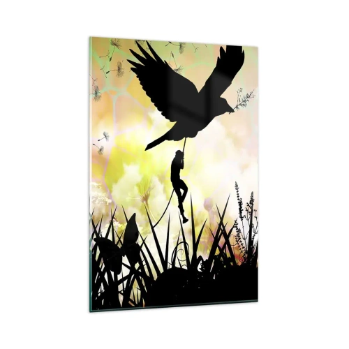 Impression sur verre - Image sur verre - Silhouette de la nature avec un oiseau et un pissenlit - 80x120cm - Dans une ambiance de conte de fées - Décoration murale moderne pour le salon et la chambre ARTTOR