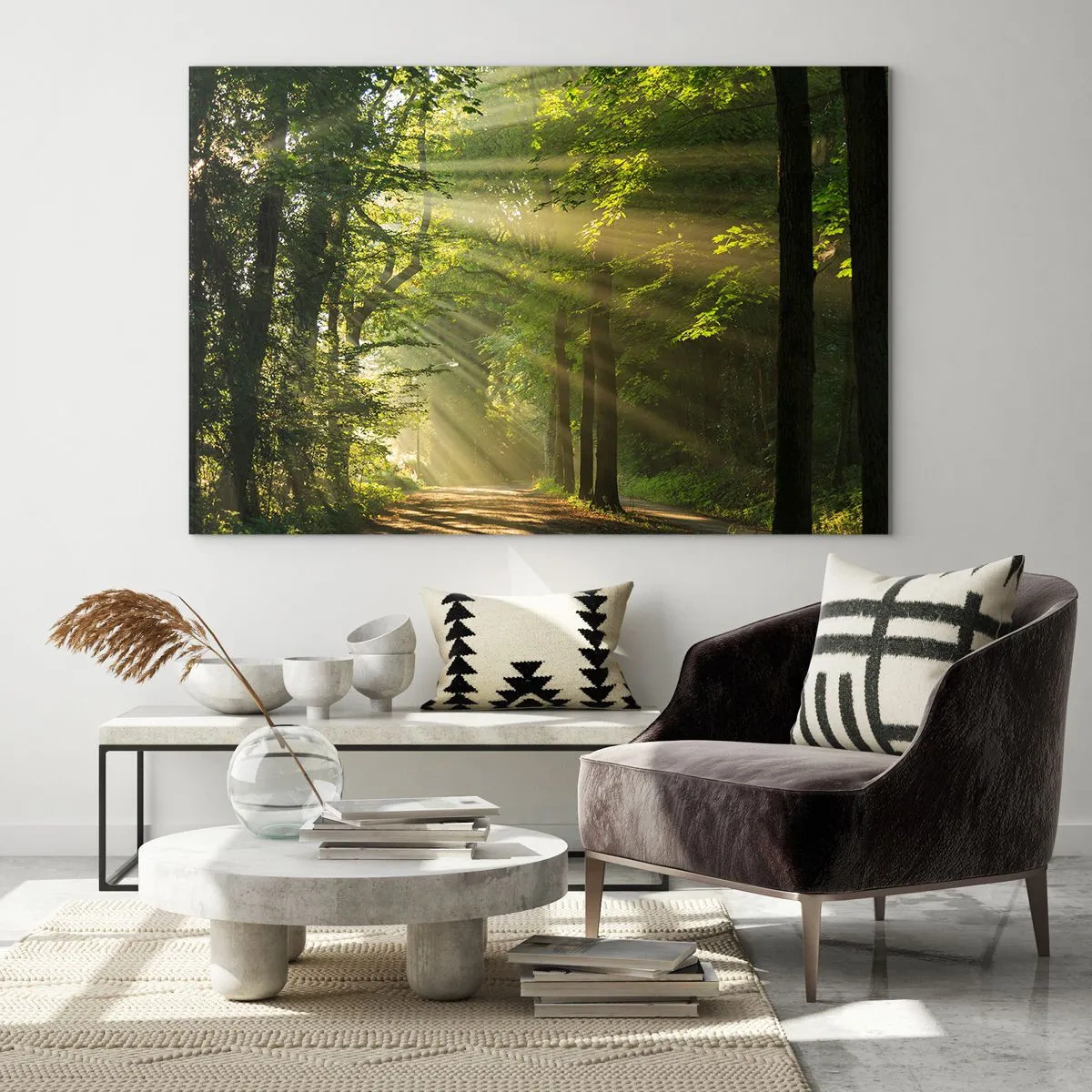 Impression sur verre - Image sur verre - Un chemin forestier illuminé par les rayons du soleil - 120x80cm - Moment de forêt - Décoration murale moderne pour le salon et la chambre ARTTOR