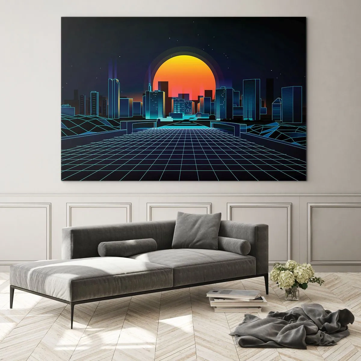 Impression sur verre - Image sur verre - Panorama de la ville futuriste avec coucher de soleil - 120x80cm - Vous voulez toujours passer au réel ? - Décoration murale moderne pour le salon et la chambre ARTTOR