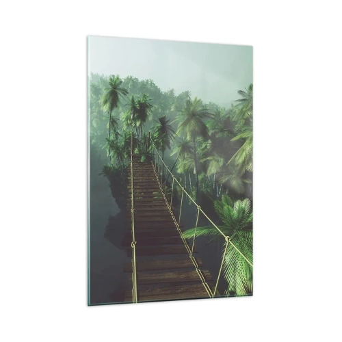 Impression sur verre - Image sur verre - Un pont suspendu dans une forêt tropicale entourée de brouillard. - 80x120cm - Au fil de la verdure - Décoration murale moderne pour le salon et la chambre ARTTOR