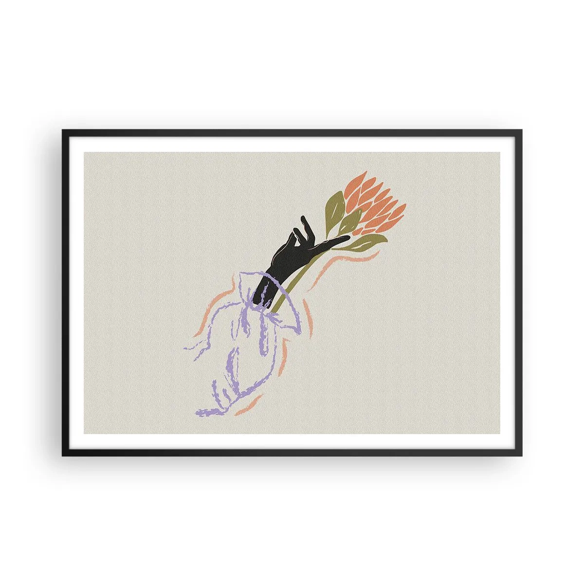 Affiche dans un cadre noir - Poster - Un bouquet de fleurs minimaliste au style délicat - 100x70cm - Touche fraternelle - Décoration murale moderne pour le salon et la chambre ARTTOR