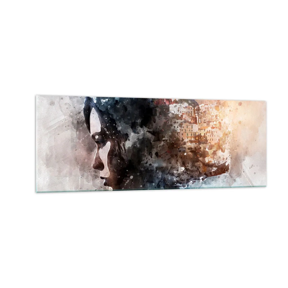 Impression sur verre - Image sur verre - Portrait d'une femme combinant son visage avec un paysage urbain en arrière-plan - 140x50cm - L'histoire d'une fille avec une ville en arrière-plan - Décoration murale moderne pour le salon et la chambre ARTTOR