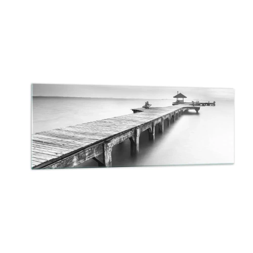 Impression sur verre - Image sur verre - Une vue en noir et blanc d'une jetée en bois sur une eau calme. - 140x50cm - À l'horizon - Décoration murale moderne pour le salon et la chambre ARTTOR