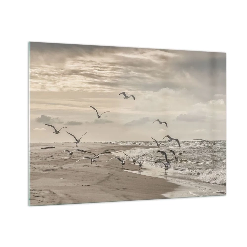 Impression sur verre - Image sur verre - Oiseaux sur le bord de mer à l'aube dans des tons sépia - 100x70cm - Le bruit de la mer, le chant des oiseaux - Décoration murale moderne pour le salon et la chambre ARTTOR