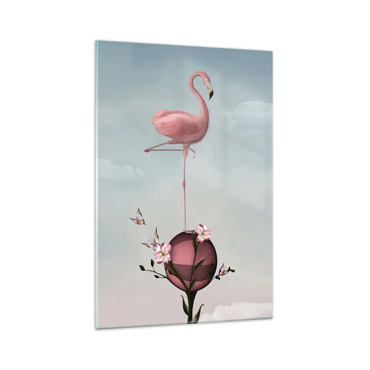 Impression sur verre - Image sur verre - Un flamant rose en équilibre sur une boule de fleurs - 70x100cm - Allégorie du basket-ball - Décoration murale moderne pour le salon et la chambre ARTTOR