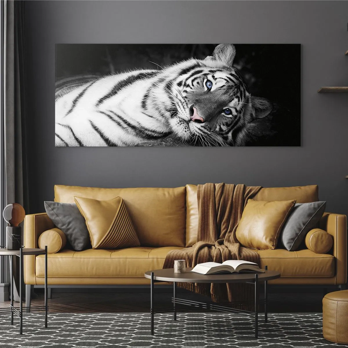 Impression sur verre - Image sur verre - Un tigre blanc rendu artistiquement sur un fond noir - 160x50cm - Sauvagerie et paix - Décoration murale moderne pour le salon et la chambre ARTTOR
