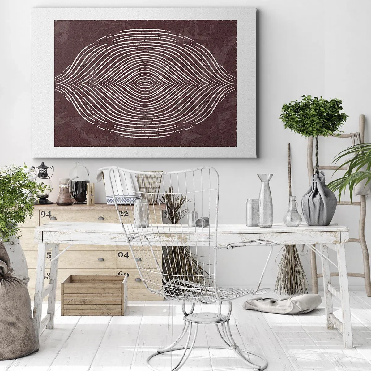 Impression sur toile - Image sur toile - Ondes symétriques en lignes blanches sur fond marron - 100x70cm - L'espace parle - Décoration murale moderne pour le salon et la chambre ARTTOR