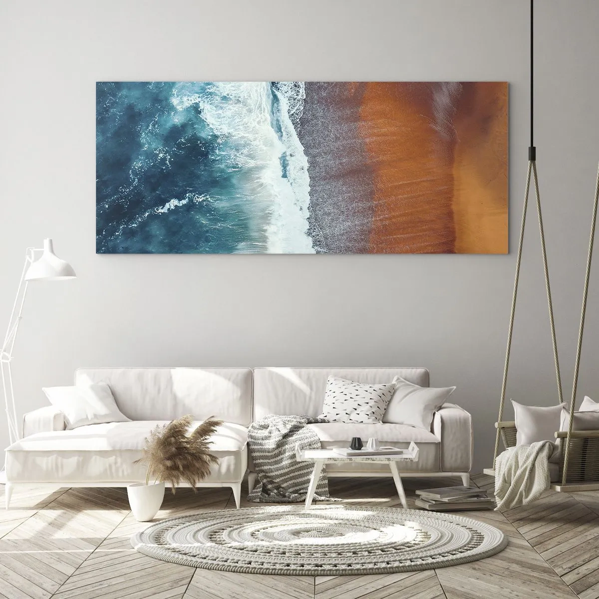 Impression sur verre - Image sur verre - Une vue des vagues de l'océan s'écrasant sur la plage dorée - 160x50cm - Caresse de l'océan - Décoration murale moderne pour le salon et la chambre ARTTOR