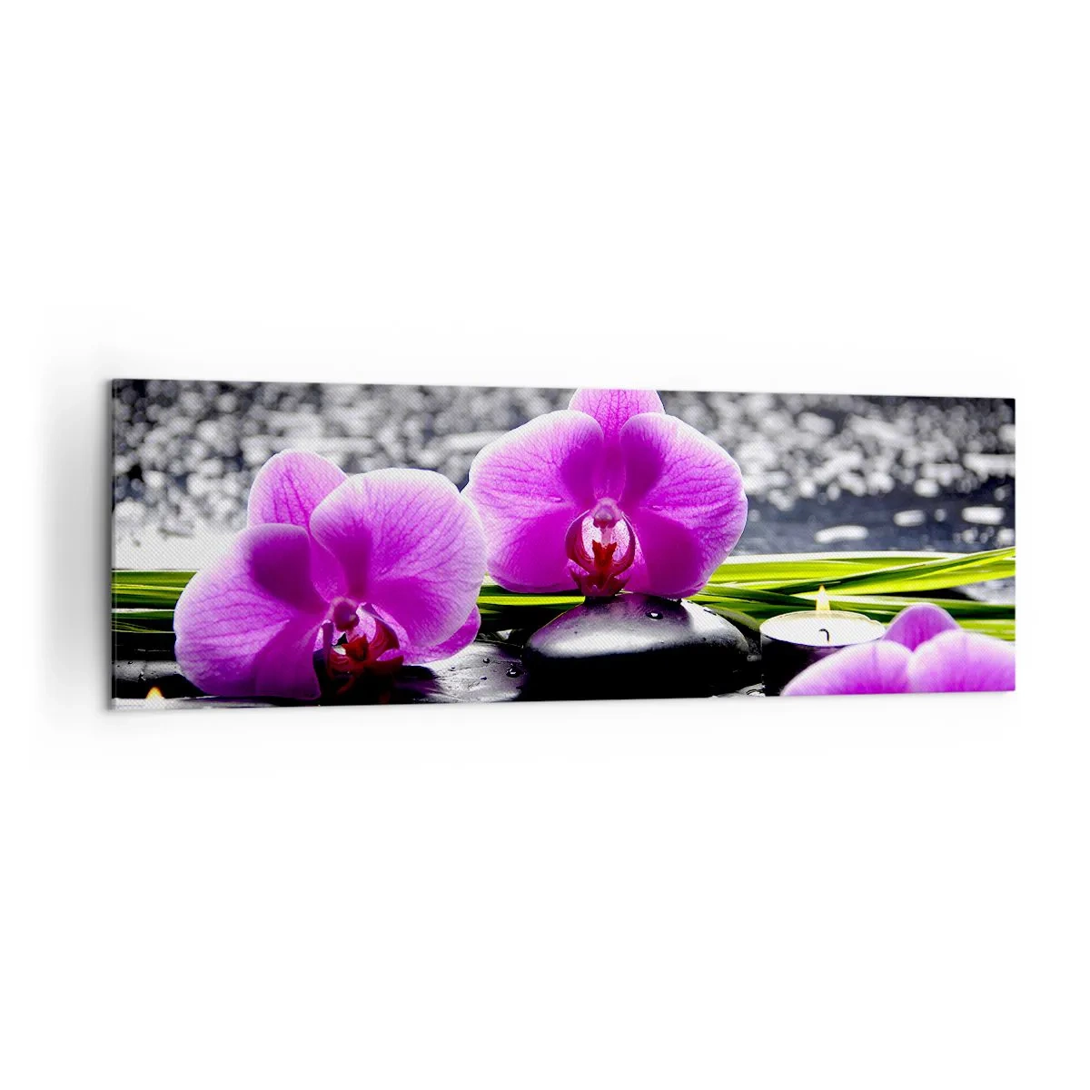 Impression sur toile - Image sur toile - Orchidées violettes sur fond de pierres et de bougies dans un cadre relaxant - 160x50cm - Se noyer dans la paix et la tranquillité - Décoration murale moderne pour le salon et la chambre ARTTOR