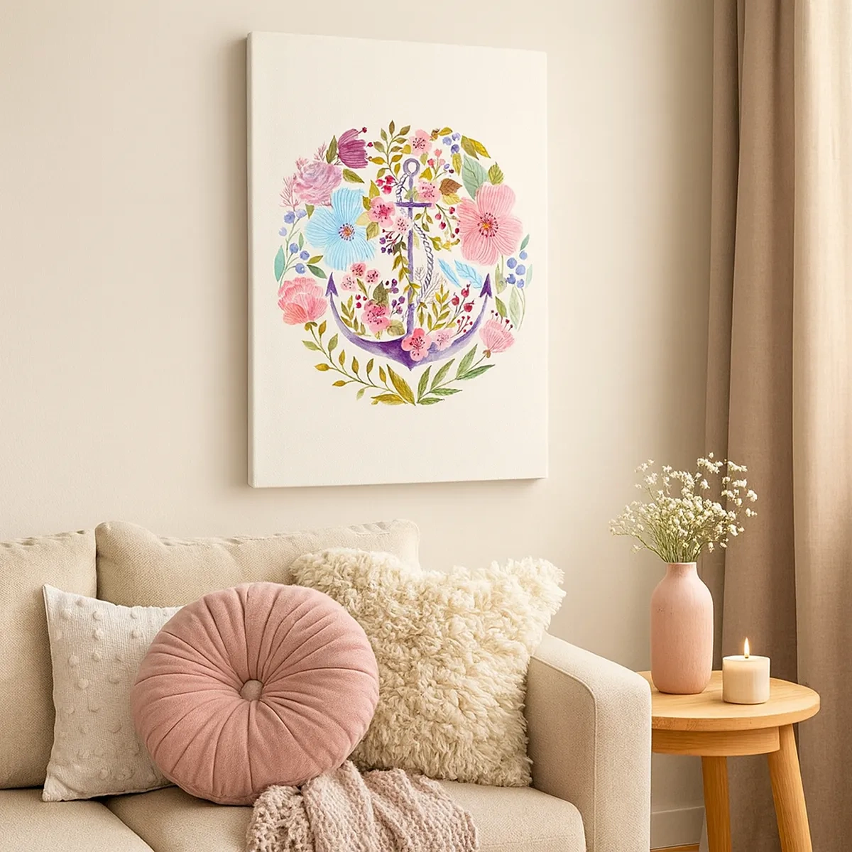 Impression sur toile - Image sur toile - Une ancre entourée de fleurs à l'aquarelle sur un fond clair - 50x70cm - Le beau rêve du marin - Décoration murale moderne pour le salon et la chambre ARTTOR