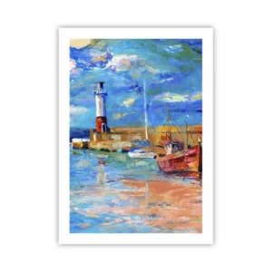 Affiche - Poster - Un port pittoresque avec un phare et des bateaux amarrés - 50x70cm - Un après-midi dans la baie arc-en-ciel - Décoration murale moderne pour le salon et la chambre ARTTOR