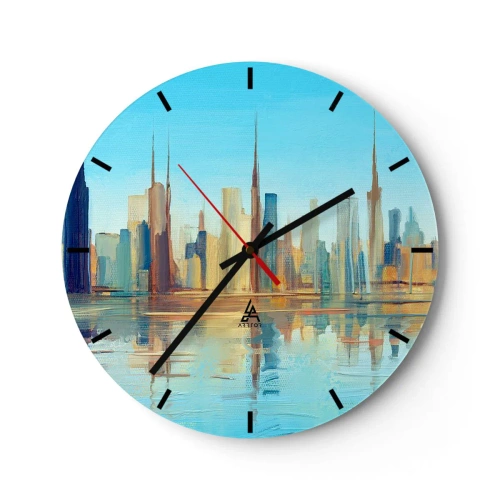 Horloge murale - Pendule murale - Le panorama de la ville se reflète dans l'eau dans des tons lumineux - 30x30cm - Une métropole ensoleillée - Décoration murale moderne pour le salon, la cuisine et la chambre ARTTOR