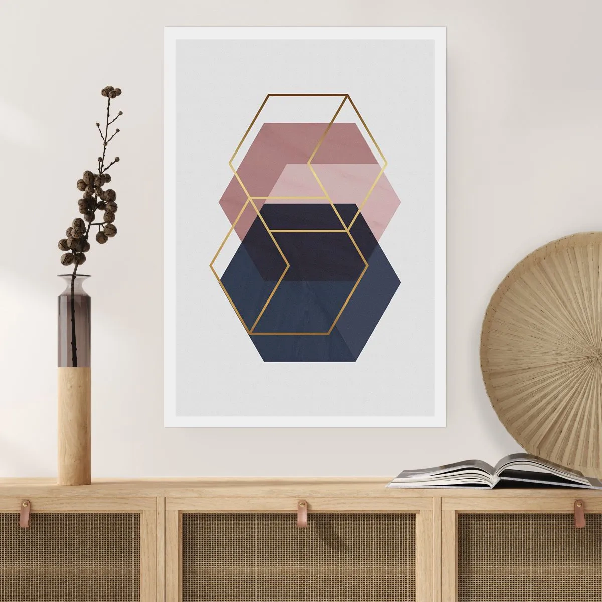 Affiche - Poster - Formes géométriques dorées sur un fond aux tons bleu marine et rose - 50x70cm - Le pouvoir de la simplicité - Décoration murale moderne pour le salon et la chambre ARTTOR