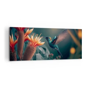 Impression sur toile - Image sur toile - Un colibri coloré parmi des fleurs sur un fond naturel - 120x50cm - une vie vraiment colorée - Décoration murale moderne pour le salon et la chambre ARTTOR