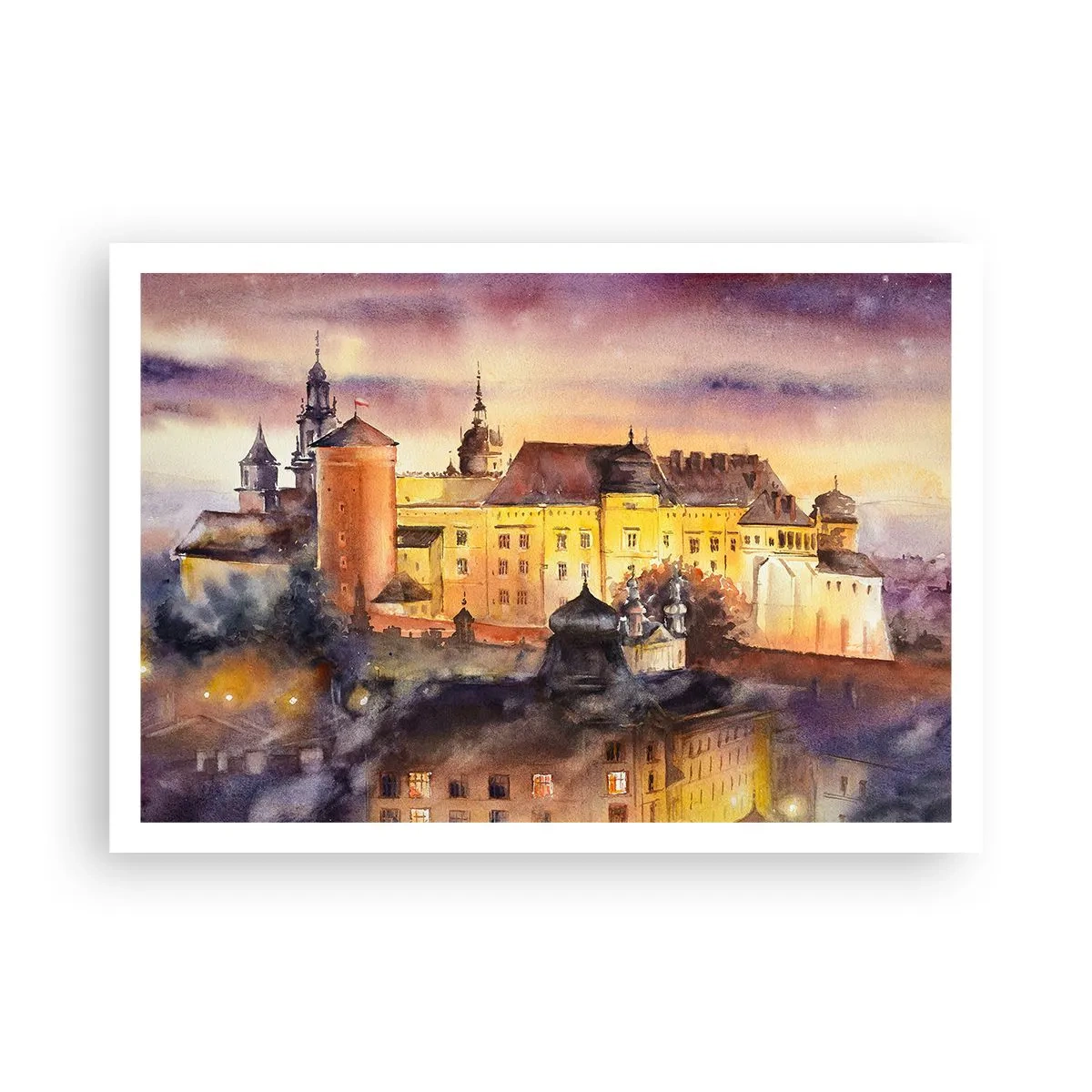 Affiche - Poster - Une aquarelle pittoresque d'un château au coucher du soleil - 100x70cm - Histoire et conte de fées - Décoration murale moderne pour le salon et la chambre ARTTOR