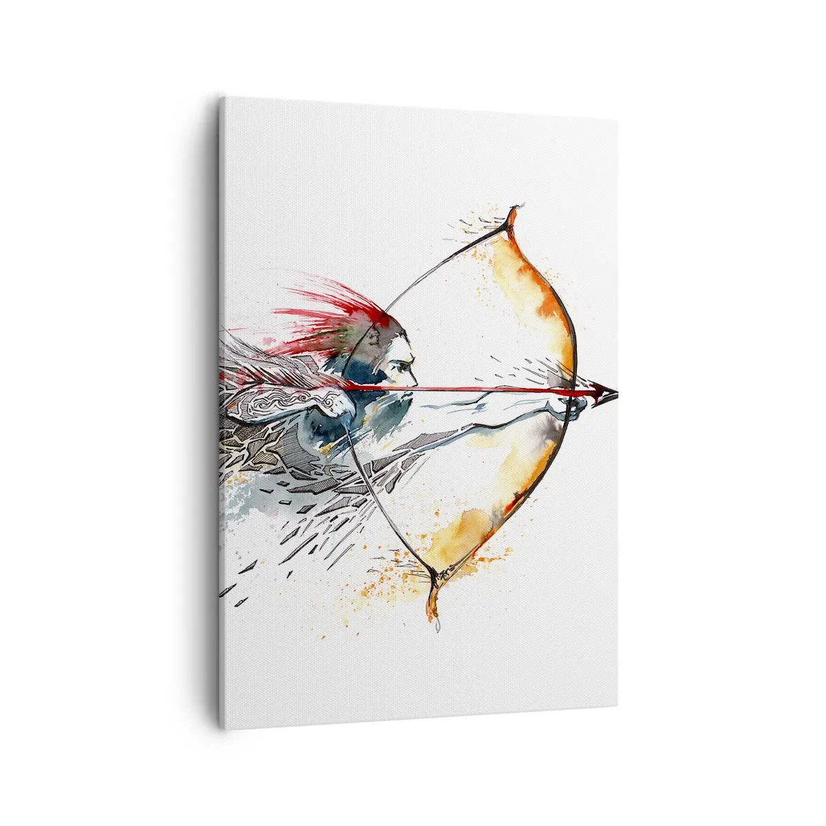 Impression sur toile - Image sur toile - Aquarelle dynamique d'un guerrier avec un arc et des flèches - 50x70cm - Guerrier mythique avec un arc de feu - Décoration murale moderne pour le salon et la chambre ARTTOR