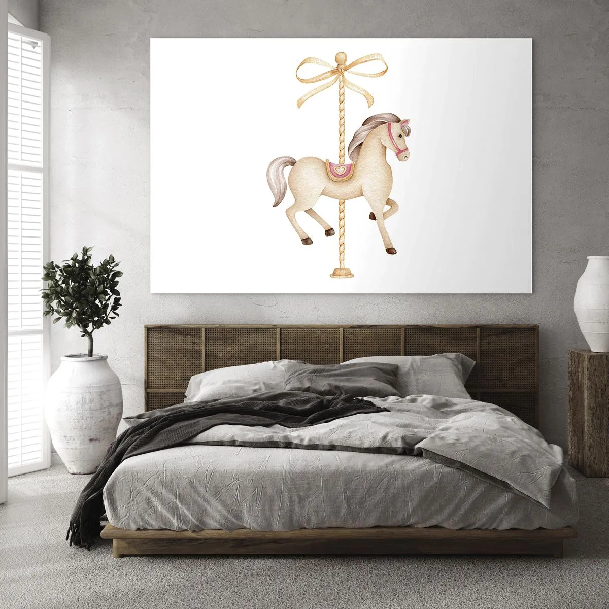 Impression sur verre - Image sur verre - Cheval de carrousel beige avec un nœud sur fond blanc - 120x80cm - Un trot gracieux - Décoration murale moderne pour le salon et la chambre ARTTOR