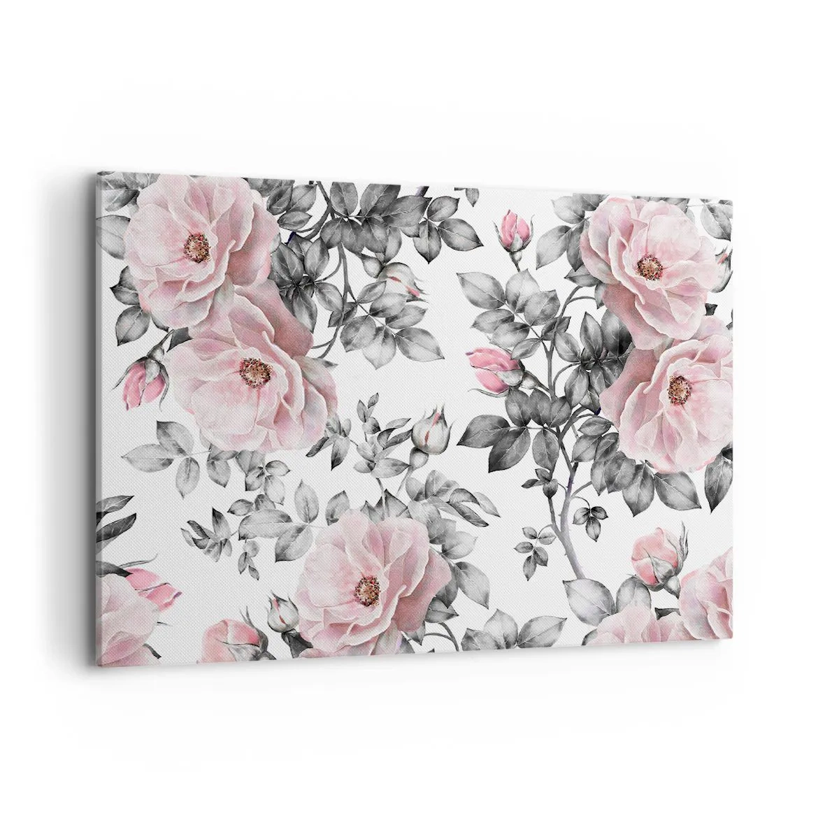 Impression sur toile - Image sur toile - Roses roses et feuilles sur un délicat fond noir et blanc - 100x70cm - Se perdre dans les fleurs des roses - Décoration murale moderne pour le salon et la chambre ARTTOR