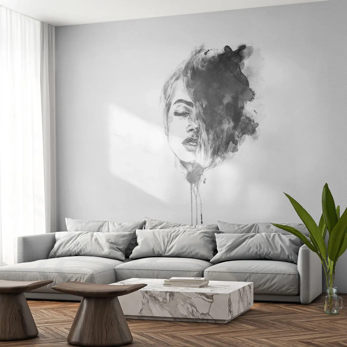 Papier Peint Photo Premium Sand - Aquarelle en noir et blanc représentant le visage d'une femme dans un style artistique - 100x70cm - De quoi rêve la fille - Décoration murale moderne pour le salon et la chambre ARTTOR