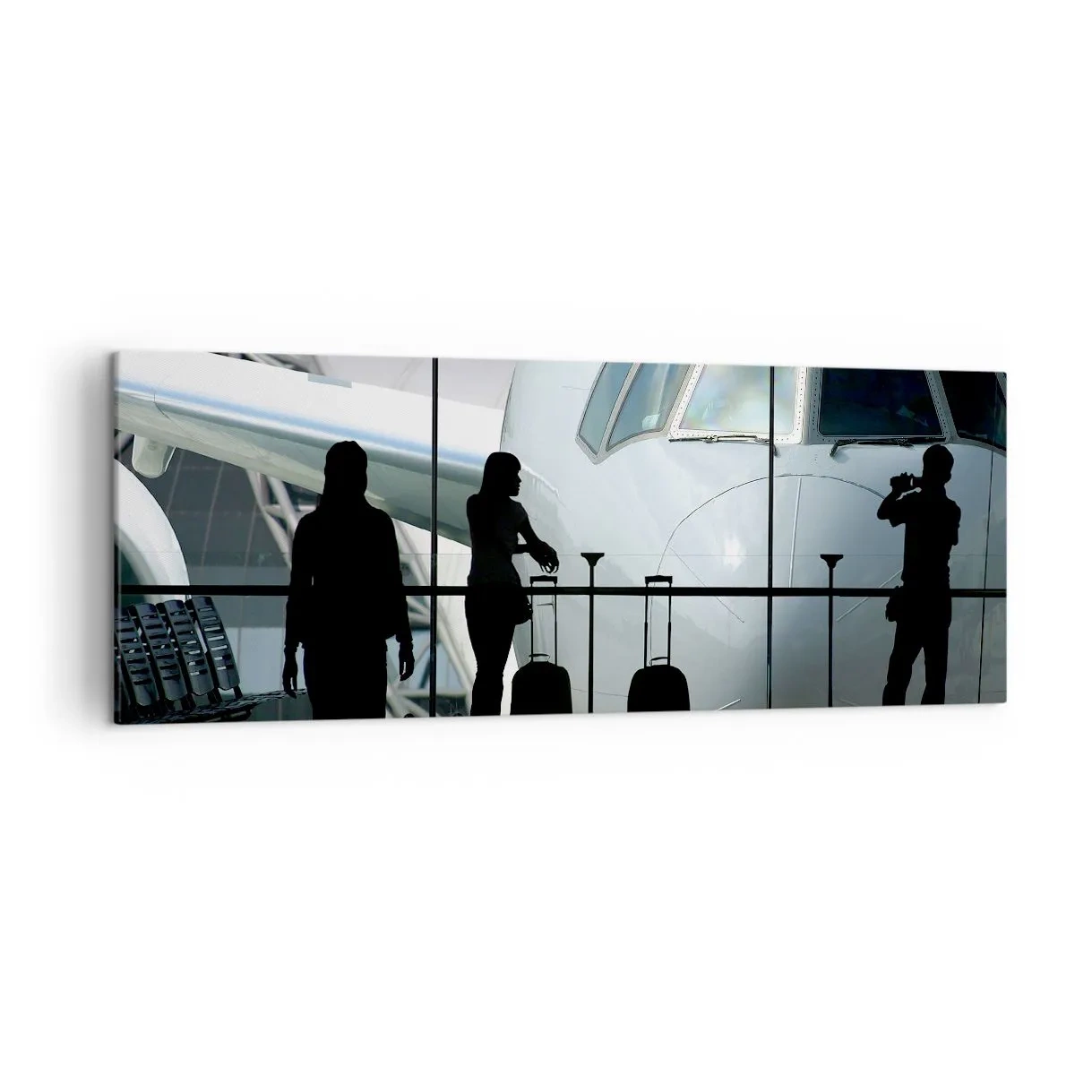 Impression sur toile - Image sur toile - Aéroport avec des silhouettes de personnes et une vue de l'avion - 140x50cm - Vis-à-vis de l'aéroport - Décoration murale moderne pour le salon et la chambre ARTTOR