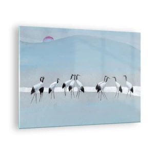 Impression sur verre - Image sur verre - Un groupe de grues sur fond de montagnes bleues et d'un coucher de soleil - 70x50cm - Après une chaude journée - Décoration murale moderne pour le salon et la chambre ARTTOR