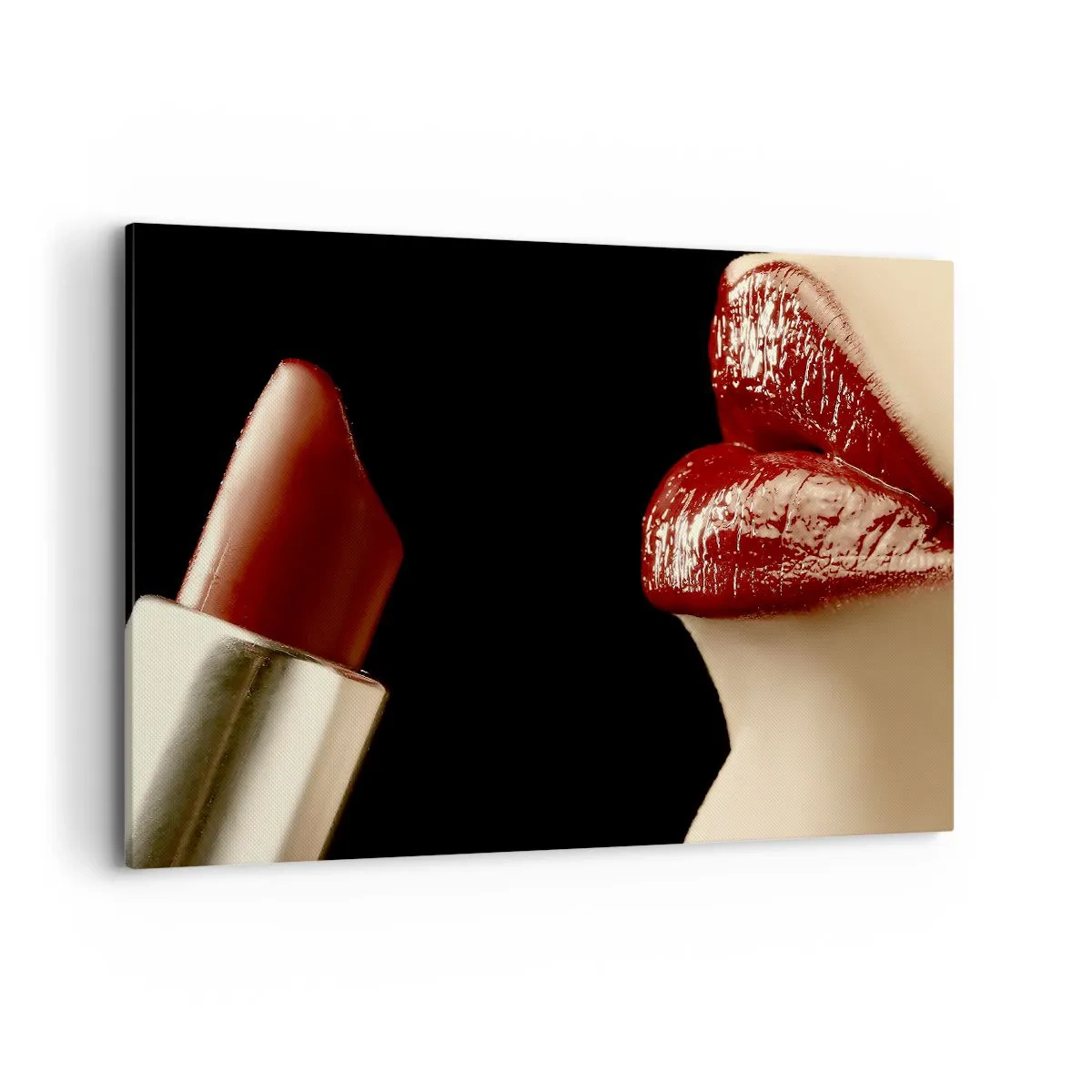 Impression sur toile - Image sur toile - Lèvres rouges et rouge à lèvres sur fond noir - 100x70cm - Sensualité et brillance du carmin - Décoration murale moderne pour le salon et la chambre ARTTOR