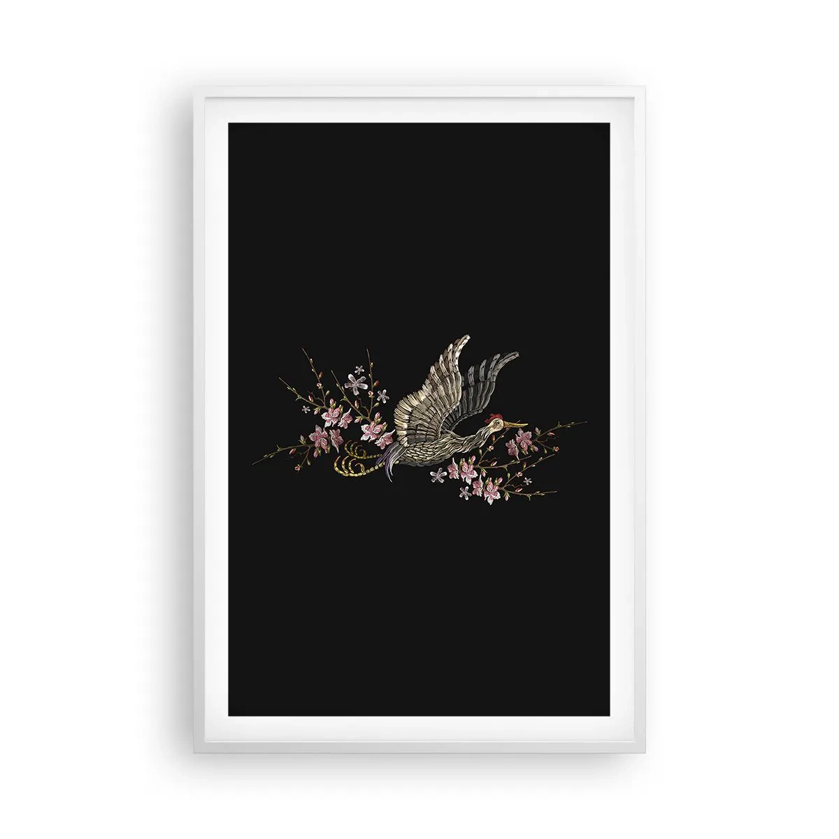 Affiche dans un cadre blanc - Poster - Oiseau brodé exotique - 61x91 cm