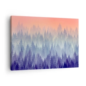 Impression sur toile - Image sur toile - Une forêt brumeuse aux tons violets et orange - 70x50cm - Haut, plus haut, vers le ciel - Décoration murale moderne pour le salon et la chambre ARTTOR