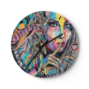 Horloge murale - Pendule murale - Visage coloré avec des plumes et un motif géométrique - 30x30cm - Taisez-vous jusqu'à ce que vous compreniez - Décoration murale moderne pour le salon, la cuisine et la chambre ARTTOR