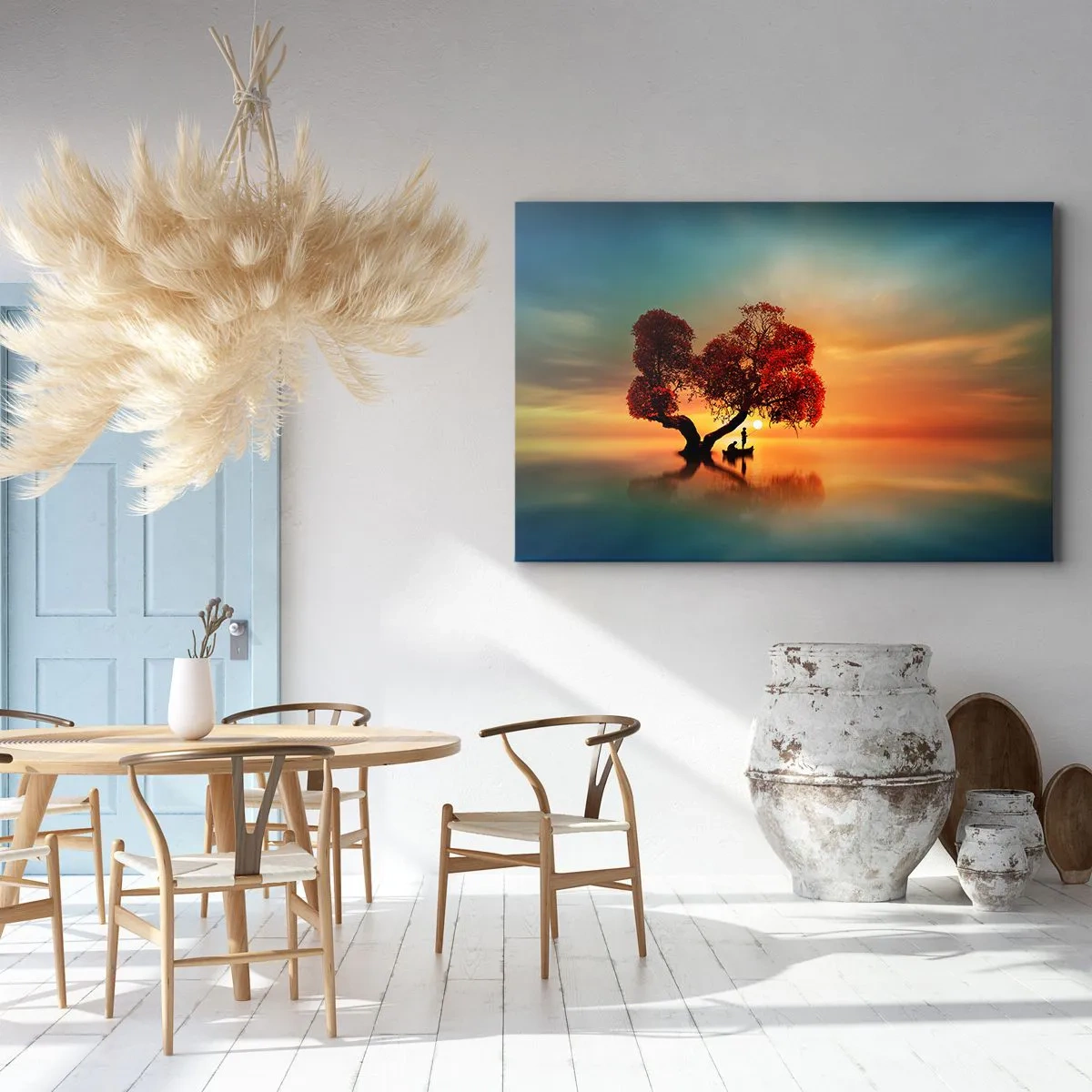 Impression sur toile - Image sur toile - Un arbre à feuilles rouges et un bateau sur l'eau au coucher du soleil - 120x80cm - Plénitude et éloignement sans monde - Décoration murale moderne pour le salon et la chambre ARTTOR