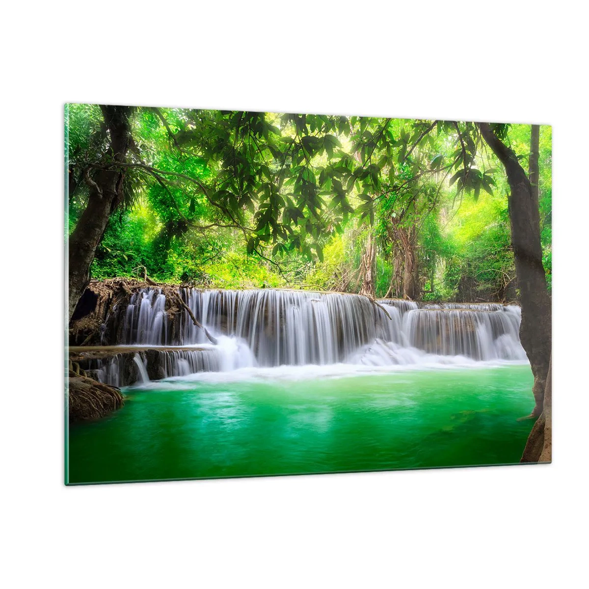 Impression sur verre - Image sur verre - Une cascade dans une forêt tropicale avec une eau cristalline - 120x80cm - Une cascade de vert - Décoration murale moderne pour le salon et la chambre ARTTOR