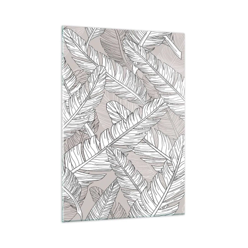 Impression sur verre - Image sur verre - Feuilles noires et blanches sur fond beige dans un style graphique - 50x70cm - Un tourbillon de plumes - Décoration murale moderne pour le salon et la chambre ARTTOR