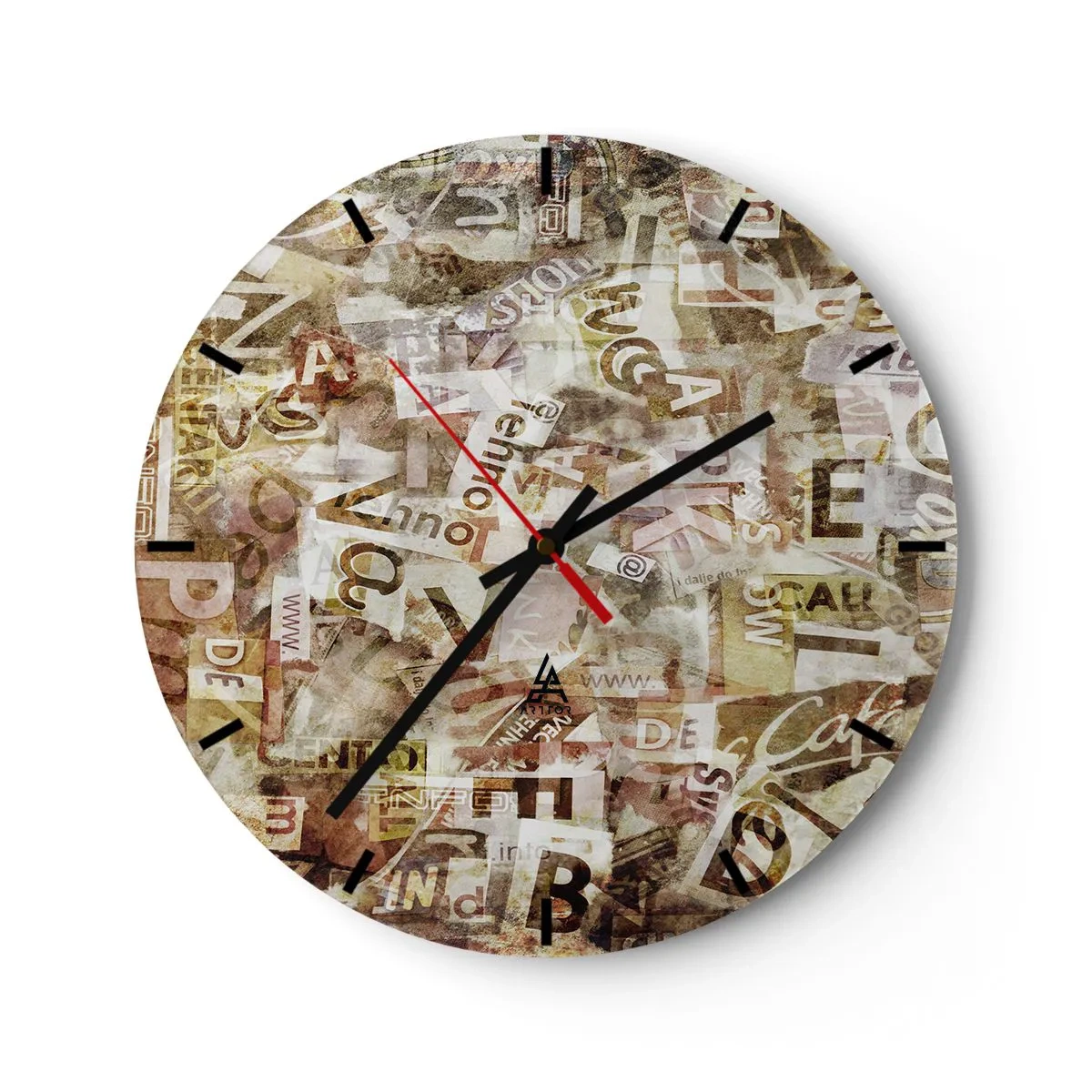 Horloge murale - Pendule murale - Composition abstraite avec des lettres dans les tons beige et marron - 30x30cm - J'unifie le bavardage - Décoration murale moderne pour le salon, la cuisine et la chambre ARTTOR