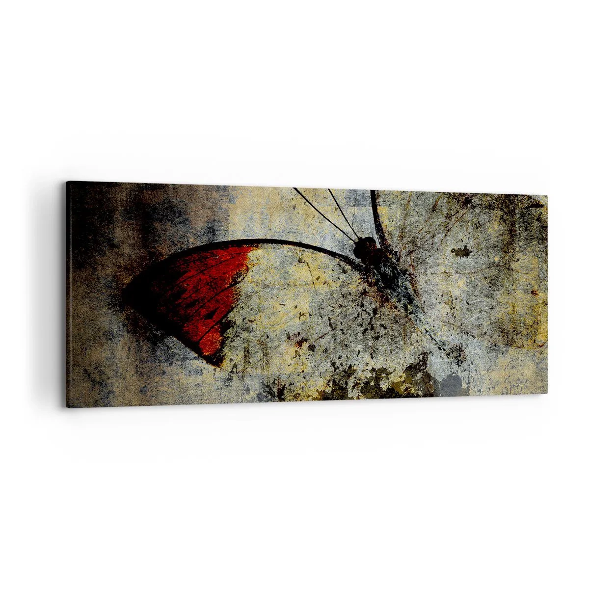 Impression sur toile - Image sur toile - Un papillon dans les tons de rouge et de gris sur un fond texturé - 120x50cm - Regarde avant que je disparaisse - Décoration murale moderne pour le salon et la chambre ARTTOR