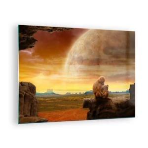 Impression sur verre - Image sur verre - Des singes assis sur un rocher avec une énorme lune en arrière-plan - 70x50cm - L'amour est le même partout - Décoration murale moderne pour le salon et la chambre ARTTOR