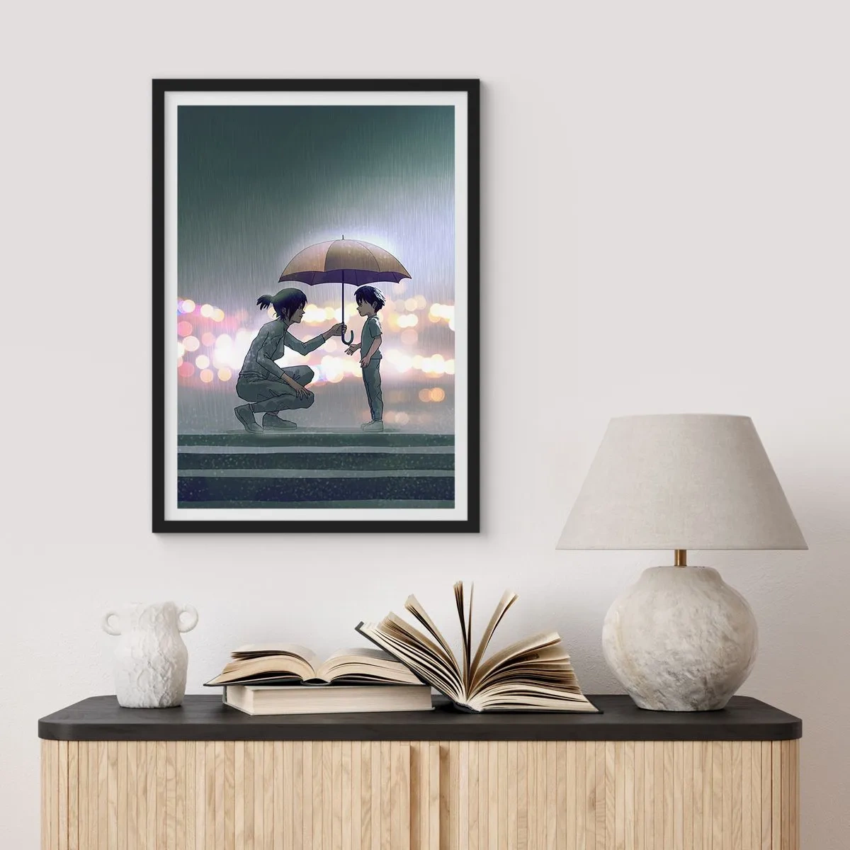 Affiche dans un cadre noir - Poster - Un adulte tendant un parapluie à un enfant sur fond pluvieux - 50x70cm - Et maintenant, tout va bien - Décoration murale moderne pour le salon et la chambre ARTTOR
