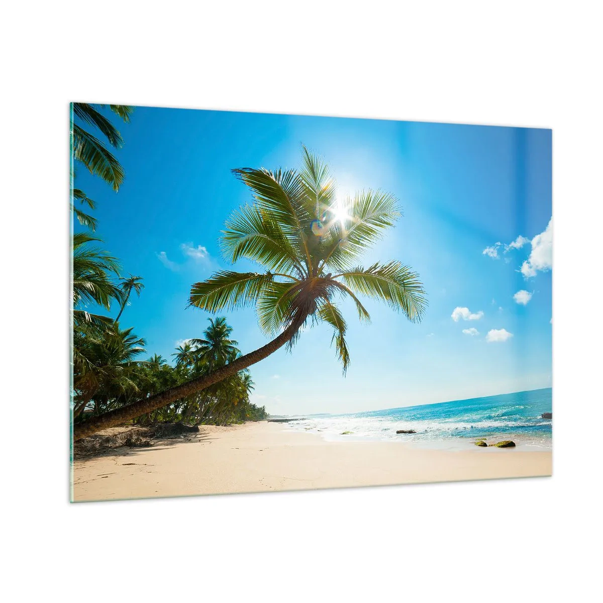 Impression sur verre - Image sur verre - Plage tropicale avec palmiers et ciel bleu - 100x70cm - Ne rien montrer à personne - Décoration murale moderne pour le salon et la chambre ARTTOR