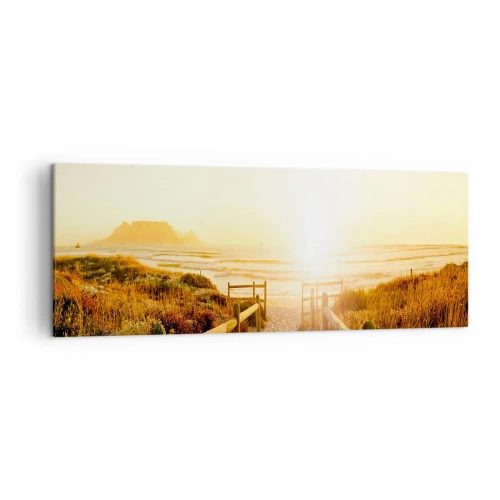 Impression sur toile - Image sur toile - Chemin vers la plage pendant un coucher de soleil doré - 140x50cm - A travers la dune, vers le soleil - Décoration murale moderne pour le salon et la chambre ARTTOR