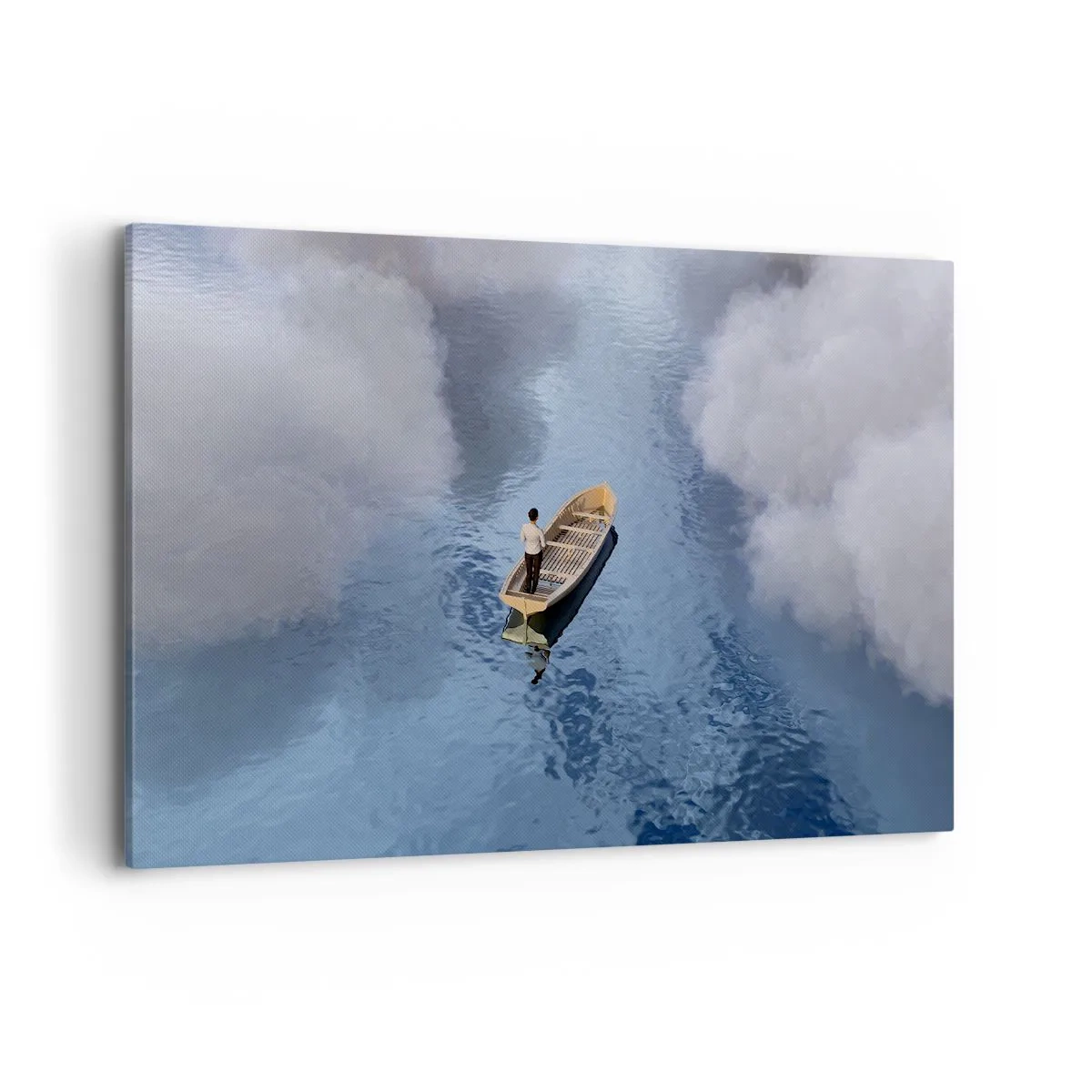 Impression sur toile - Image sur toile - Un homme dans un bateau sur une mer calme entourée de nuages - 120x80cm - Vie – voyage – inconnu - Décoration murale moderne pour le salon et la chambre ARTTOR