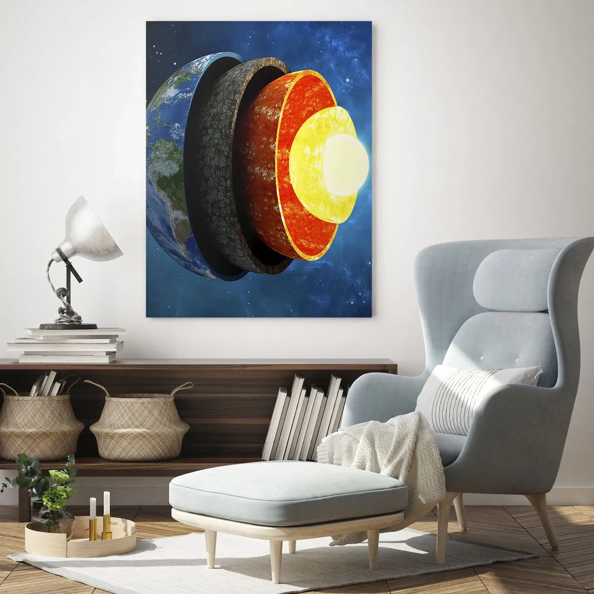 Impression sur verre - Image sur verre - Une coupe transversale de la Terre montrant ses couches dans l'espace. - 80x120cm - Voyage au centre de la terre - Décoration murale moderne pour le salon et la chambre ARTTOR