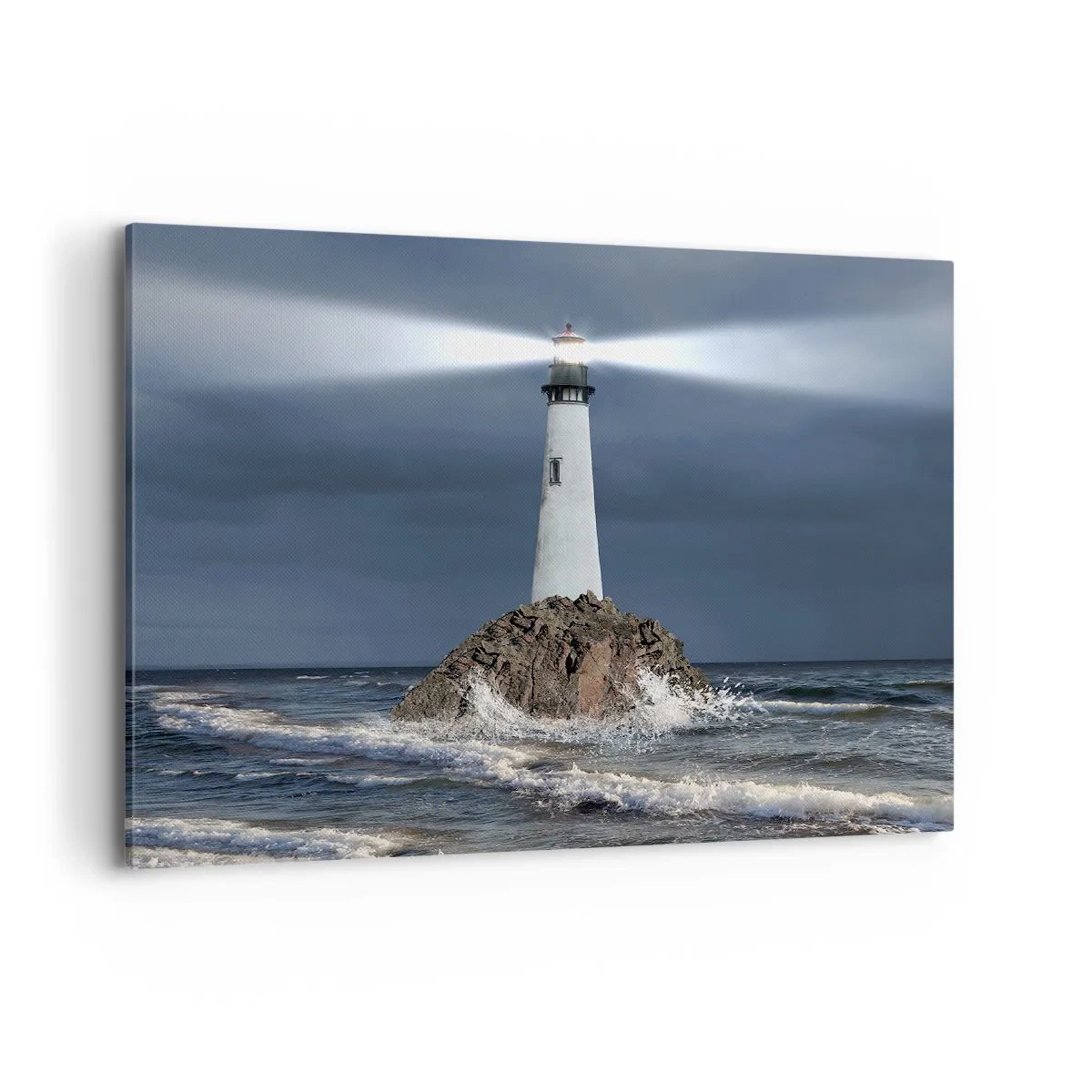 Impression sur toile - Image sur toile - Un phare sur un rocher entouré d'une mer agitée - 100x70cm - I… i… ici ! - Décoration murale moderne pour le salon et la chambre ARTTOR