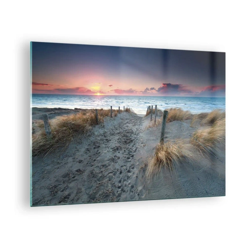 Impression sur verre - Image sur verre - Chemin à travers les dunes menant à la mer au coucher du soleil - 70x50cm - Tu as versé l'éclat de l'arc-en-ciel sur les flots - Décoration murale moderne pour le salon et la chambre ARTTOR